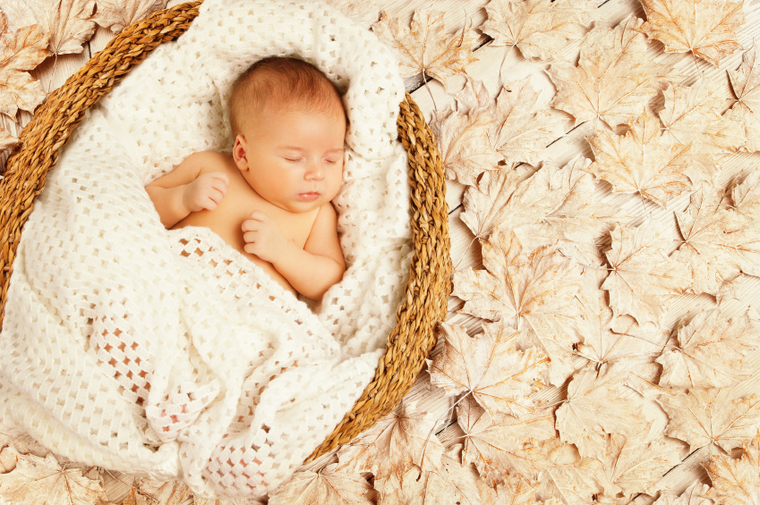 Baby Sleep in Autumn Leaves, New Born Kid Asleep on Decorated Background, Newborn One Month Old